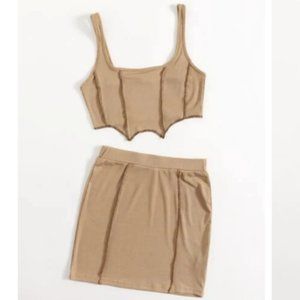 Matching Two Piece Rib Crop top mini skirt set Medium mocha brown tan beige 2 pc